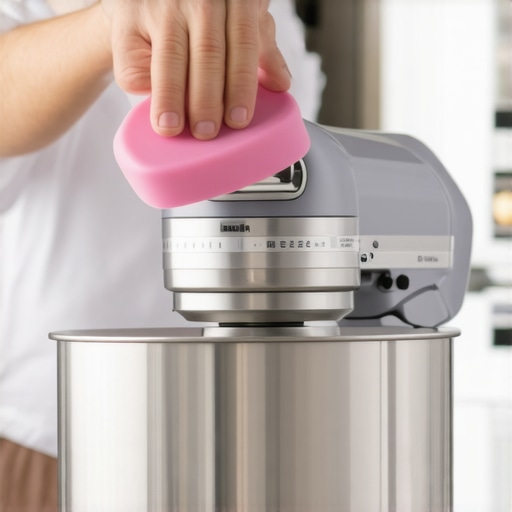 Person cleaning a mixer attachment using a silicone scraper in a kitchen.