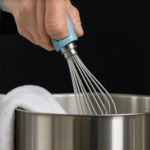 Person cleaning the whisk attachment latch on a kitchen mixer.