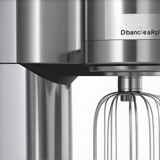 Close-up of high-quality titanium whisk attachments on a sleek stand mixer, emphasizing durability and craftsmanship.