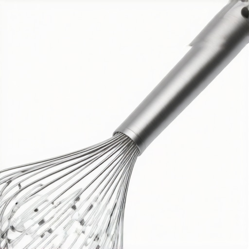 Close-up of a sturdy metal whisk attachment with ergonomic handle, highlighting build quality and wire spacing.