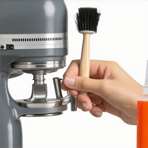 A hand using a soft brush to clean a mixer attachment, highlighting the importance of regular upkeep.