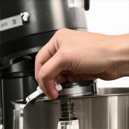 Close-up of a person applying lubricant to a stand mixer gear for maintenance.