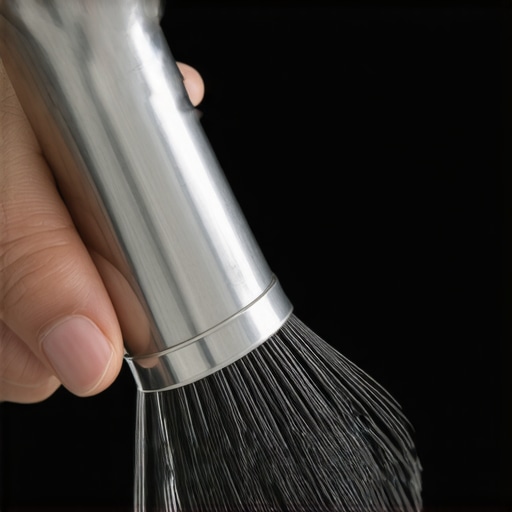 Person cleaning a stainless steel whisk attachment with a soft brush, emphasizing maintenance practices.