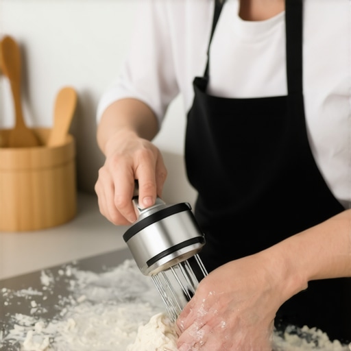 A hand mixer mixing dough at a moderate speed, emphasizing controlled operation.