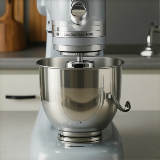 A sturdy stand mixer securely placed on a kitchen counter with a heavy dough hook attached.